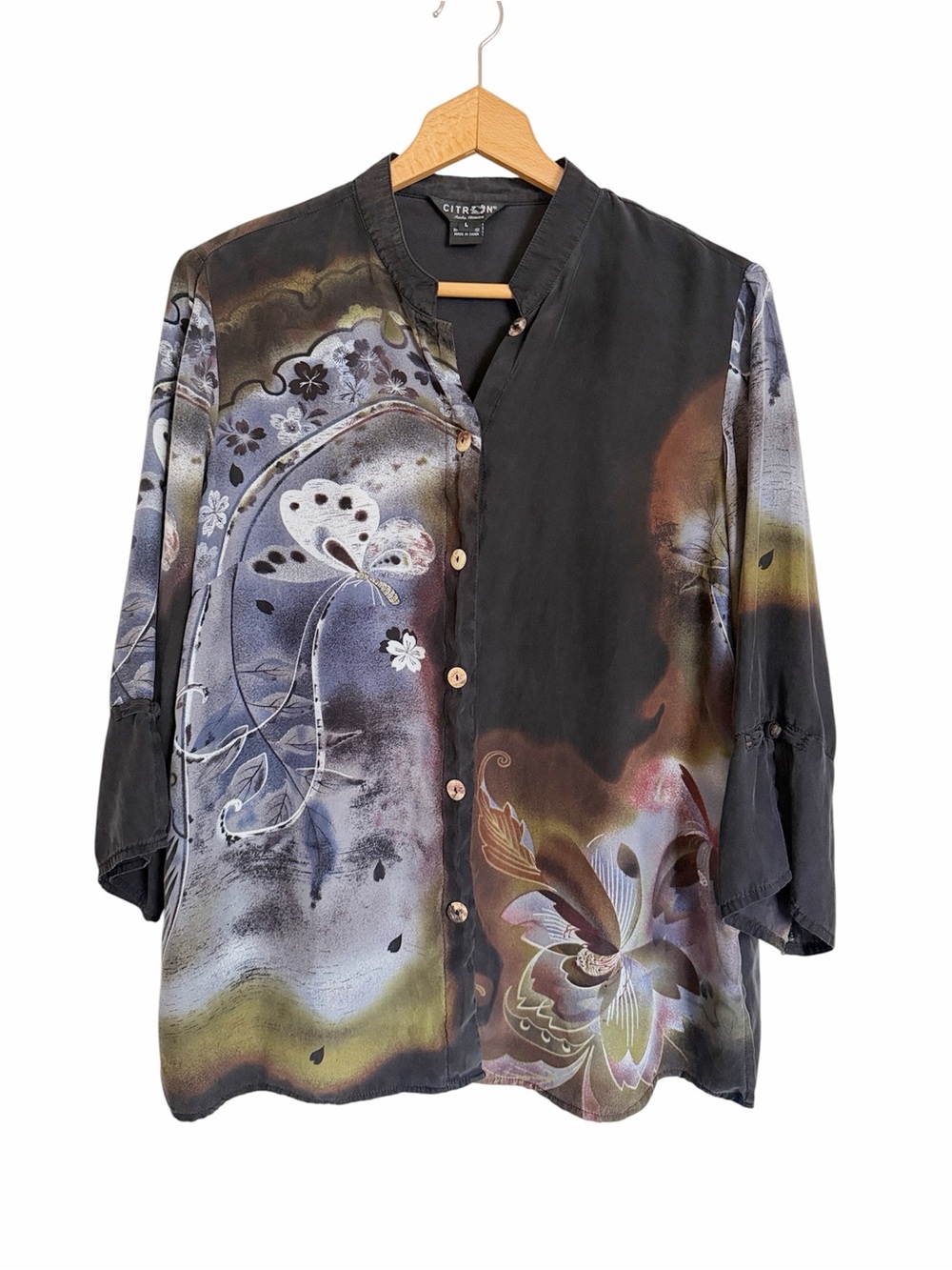 Citron Santa Monica Silk Butterfly Wearable Art Button Front Top size L